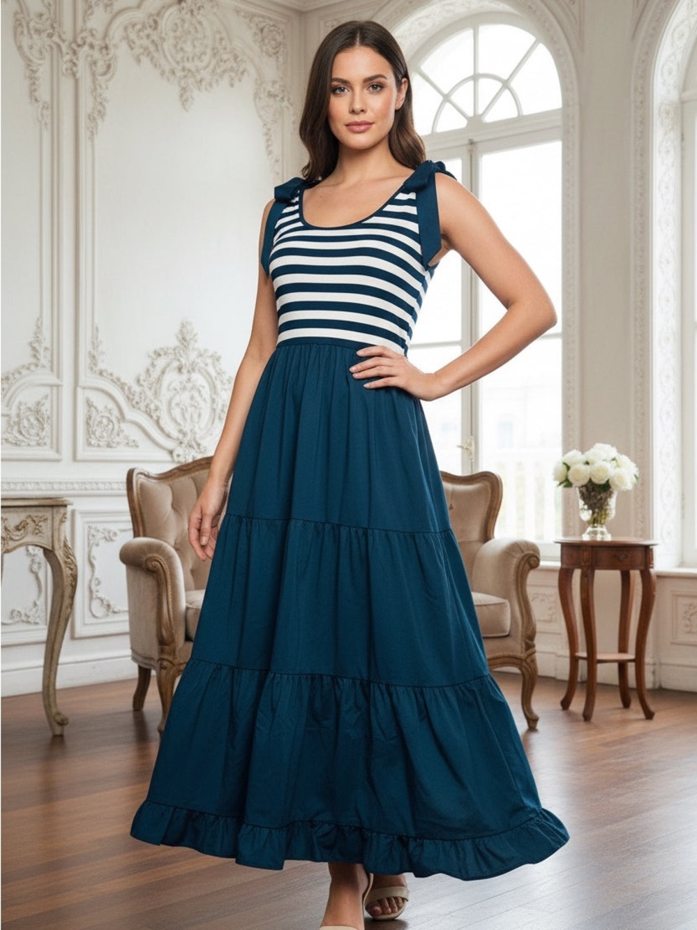 Striped Navy and White Tiered Maxi Dress with Bow-Tie Straps